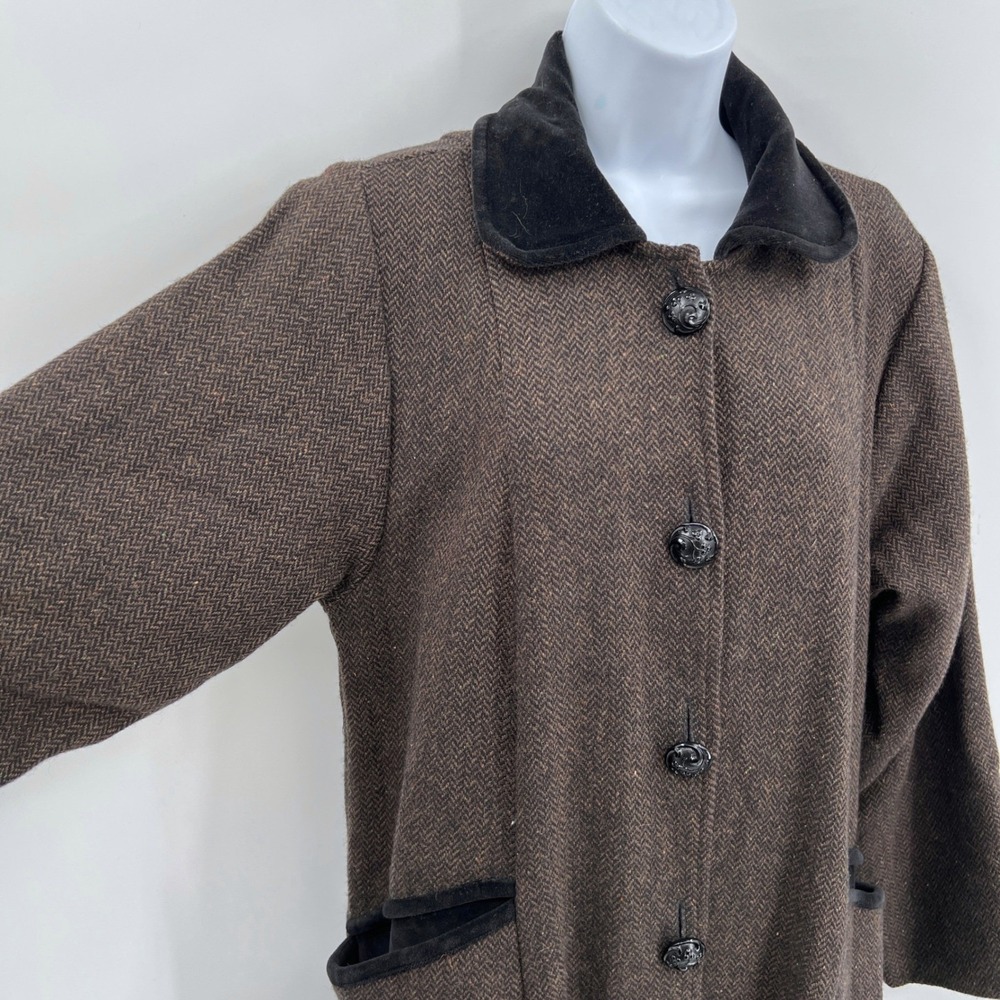 Flax Jeanne Engelhart Herringbone Wool Tweed‎ Coat Velvet Collar Retro Size S - Picture 2 of 9